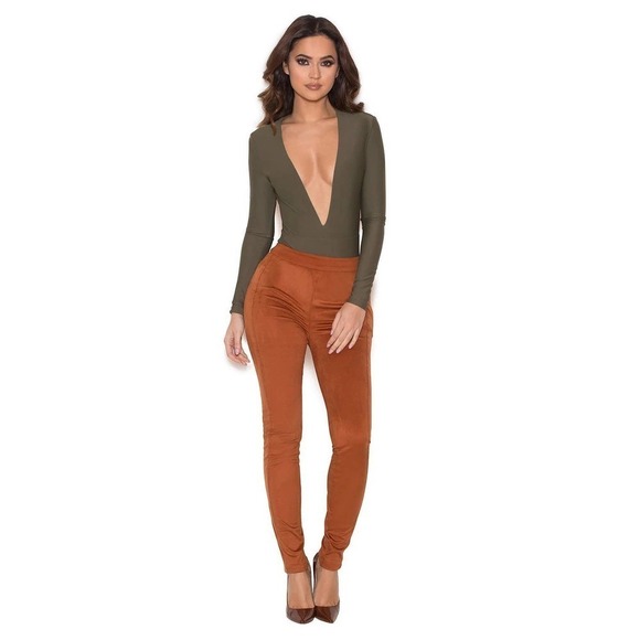 House of CB Sazan Faux Suede Skinny Leggings Side Zip Tan Women's Size XS/S NWT - Picture 1 of 8